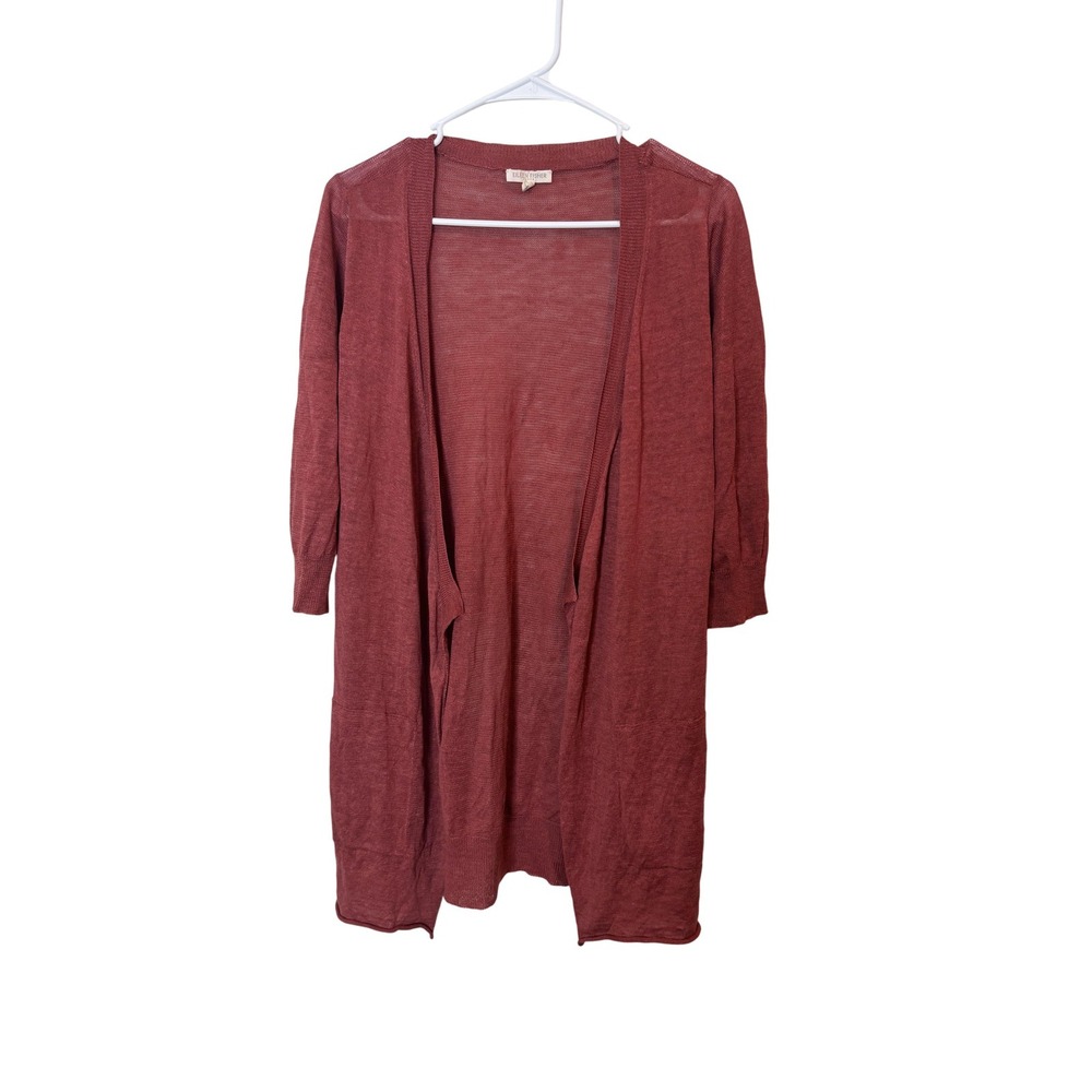 Eileen Fisher Cardigan Sweater Womens Petite Small Red Linen Open Front Pockets